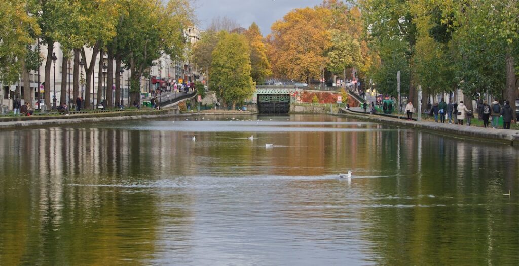 a body of water surrounded by trees and buildings