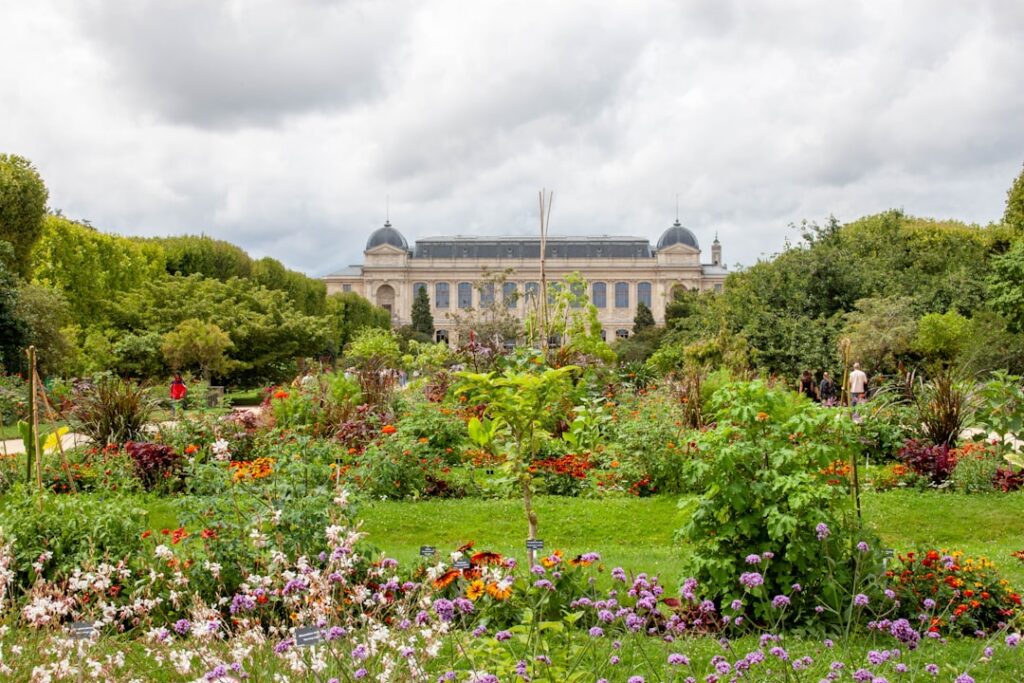 A beautiful garden with a building in the distance.